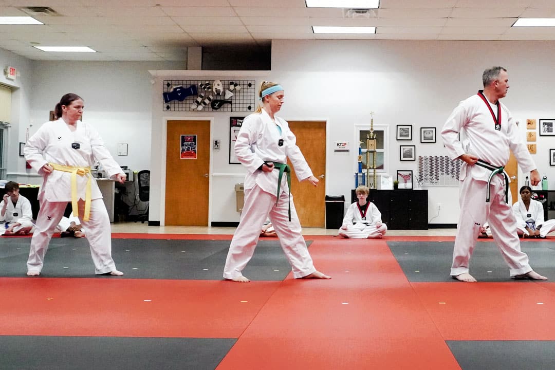 Adult martial arts students practicing traditional Taekwondo techniques at ABBA Martial Arts in Peachtree City
