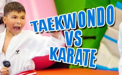 one kid yelling at taekwondo class and showing the letter of Taekwondo vs Karate