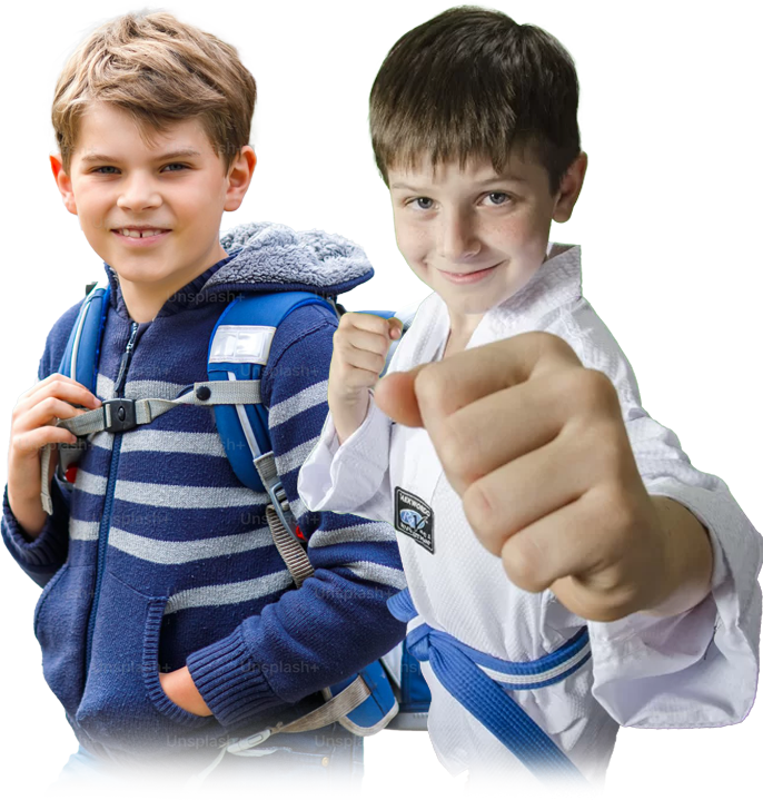 Two students ready for back to school in Peachtree City &ndash; one with a backpack and one in a martial arts uniform