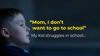 a kid is looking at the sentence "Mom, I don't want to go to school"