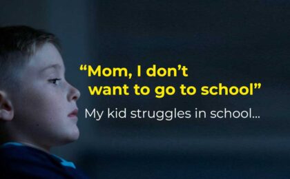 a kid is looking at the sentence "Mom, I don't want to go to school"